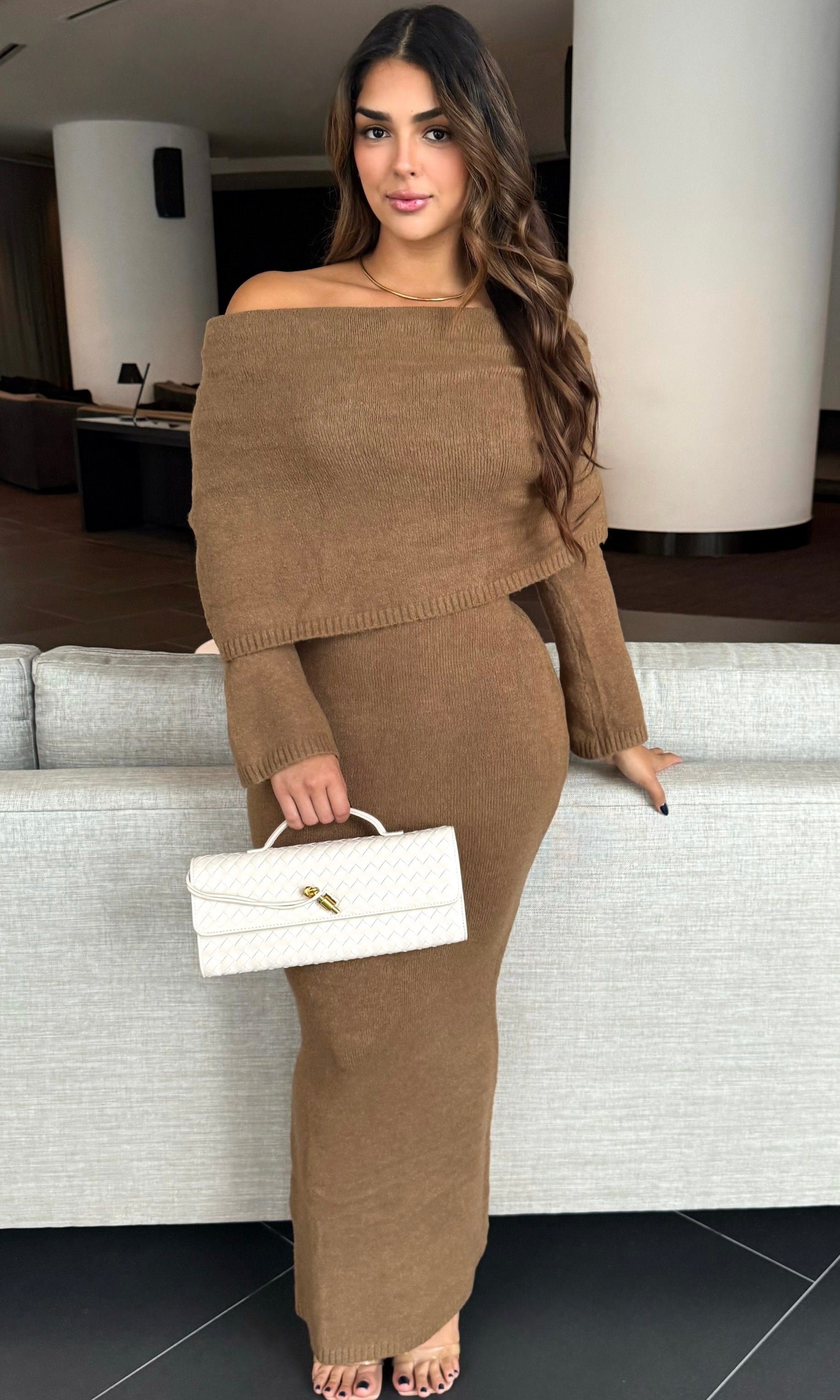 MONICA OFF-SHOULDER WOOL KNIT DRESS