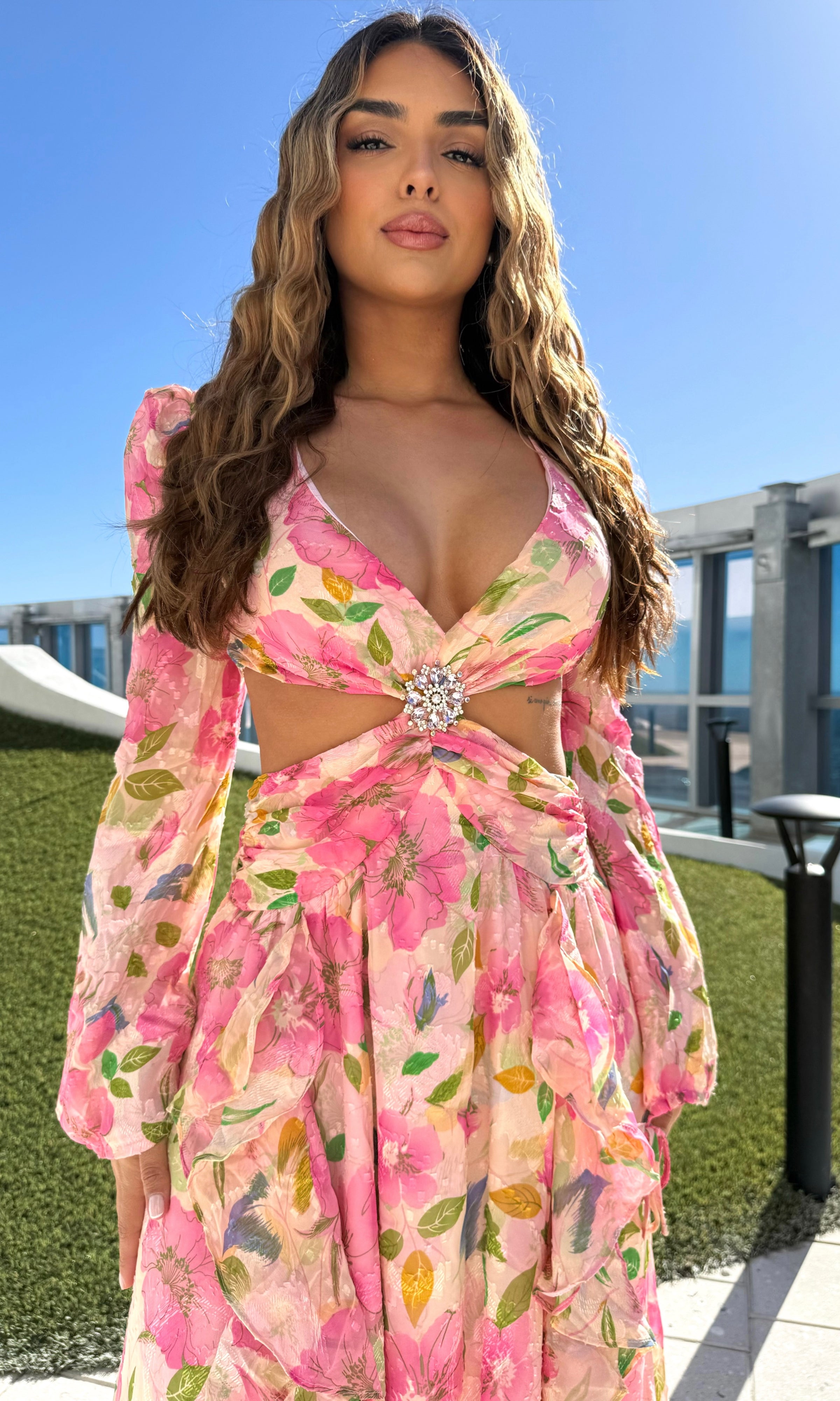 tight floral maxi dress Floral Frill Trim Sleeve Plunge Maxi Dress