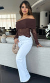 EUGENIA OFF SHOULDER RIBBED KNIT SWEATER (CHOCOLATE)