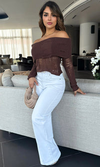EUGENIA OFF SHOULDER RIBBED KNIT SWEATER (CHOCOLATE)