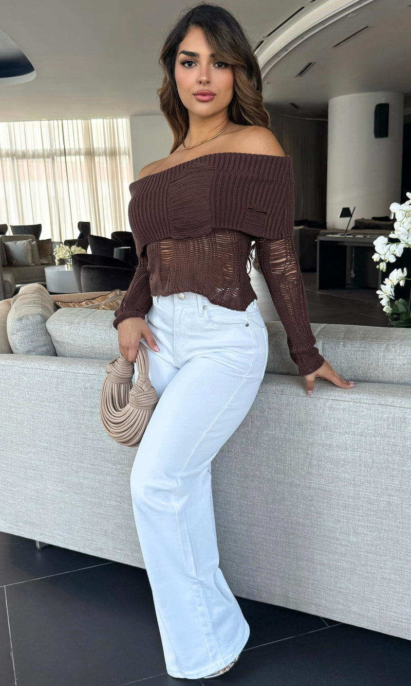EUGENIA OFF SHOULDER RIBBED KNIT SWEATER (CHOCOLATE)