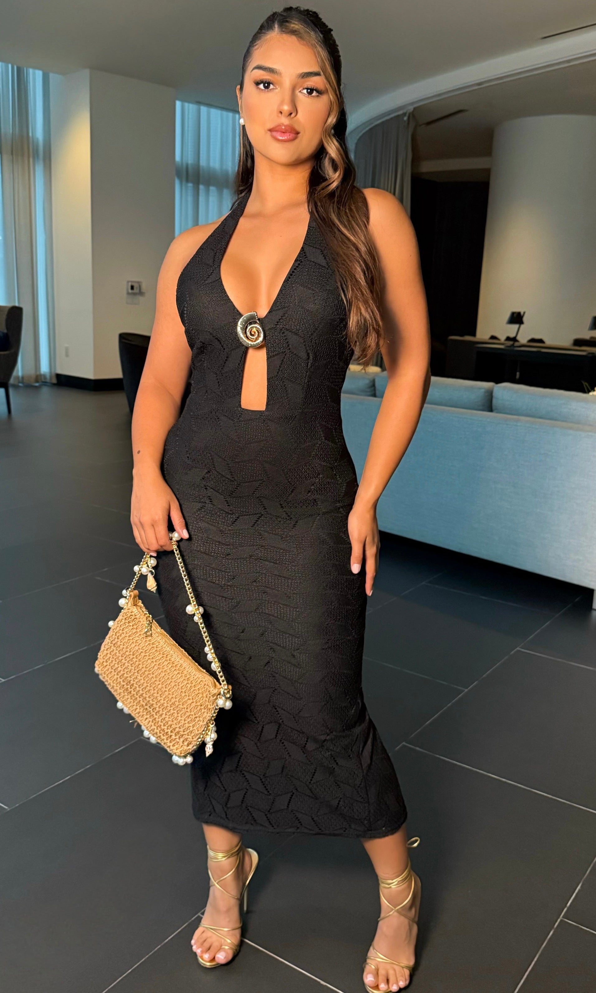 Black And Gold Seashell Knit Maxi Dress | Elite Styles Boutique Black And Gold Seashell Knit Maxi Dress | Elite Styles Boutique
