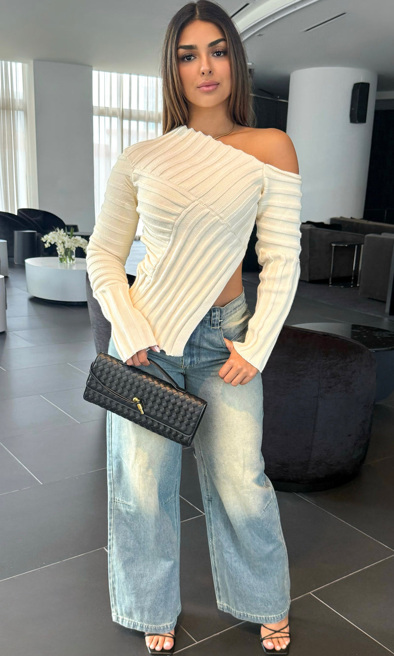 TRISHA ASYMMETRIC RIBBED KNIT TOP