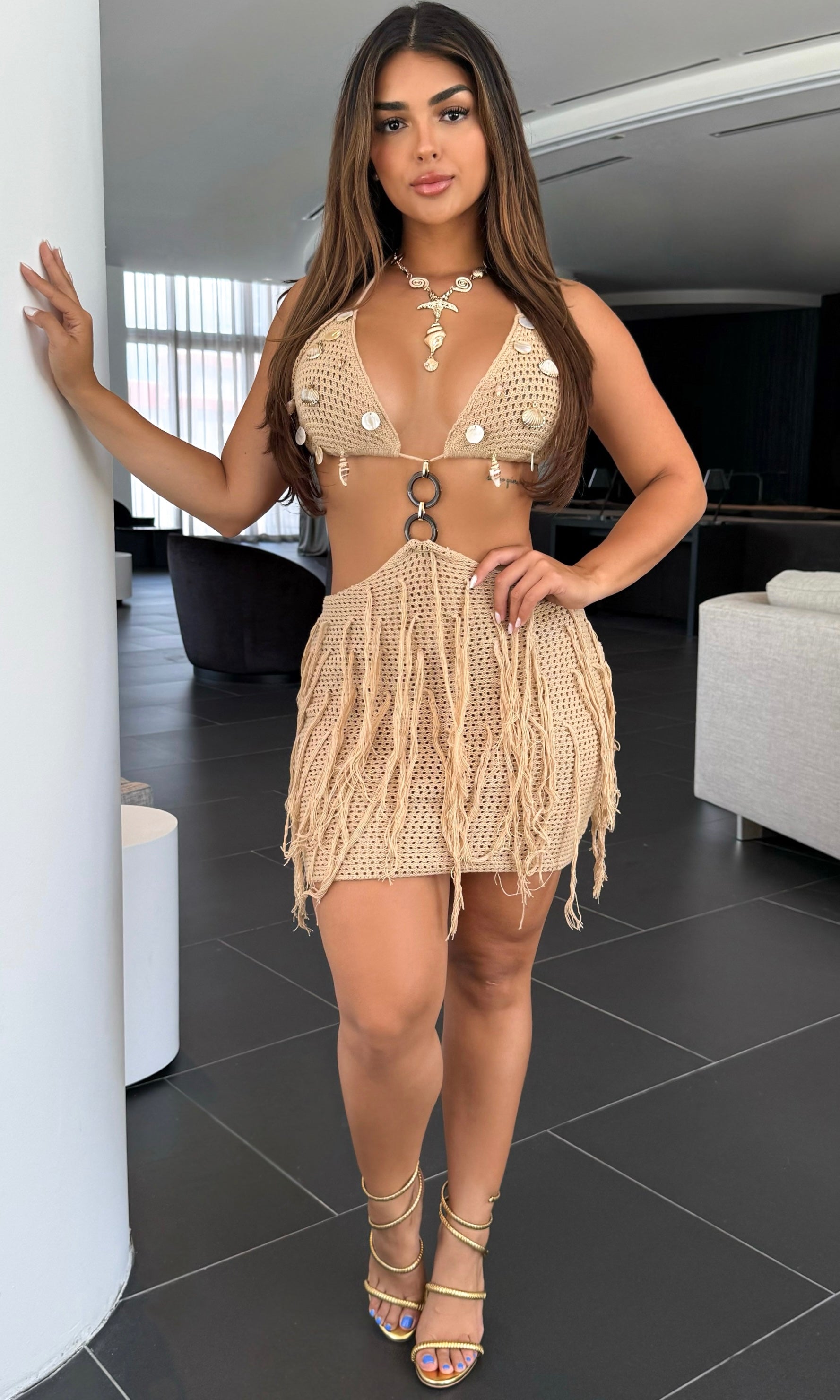 Nude Seashell Crochet Knit Fringe Halter Mini Dress |Elite Styles Btq Elite Styles Boutique Nude Seashell Crochet Knit Fringe Halter Mini Dress |Elite Styles Btq Elite Styles Boutique