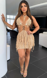Nude Seashell Crochet Knit Fringe Halter Mini Dress |Elite Styles Btq Elite Styles Boutique Nude Seashell Crochet Knit Fringe Halter Mini Dress |Elite Styles Btq Elite Styles Boutique