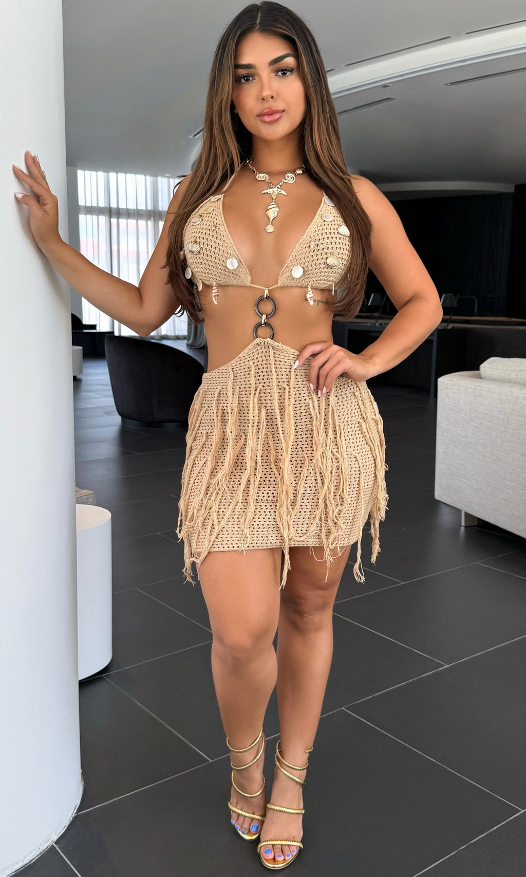 Nude Seashell Crochet Knit Fringe Halter Mini Dress |Elite Styles Btq   Elite Styles Boutique