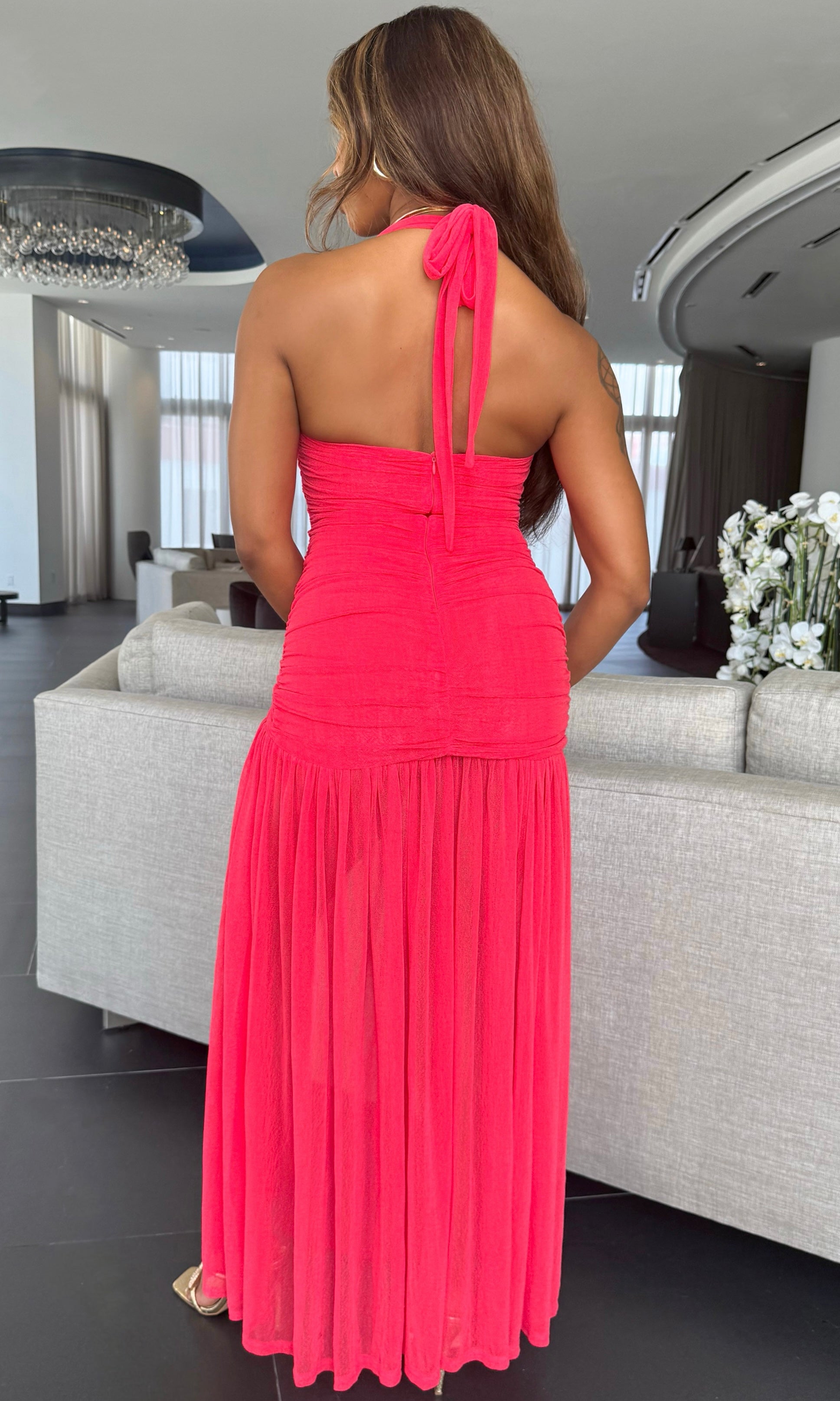 Coral Ruched Mesh Halter Maxi Dress | Elite Styles Boutique Coral Ruched Mesh Halter Maxi Dress | Elite Styles Boutique