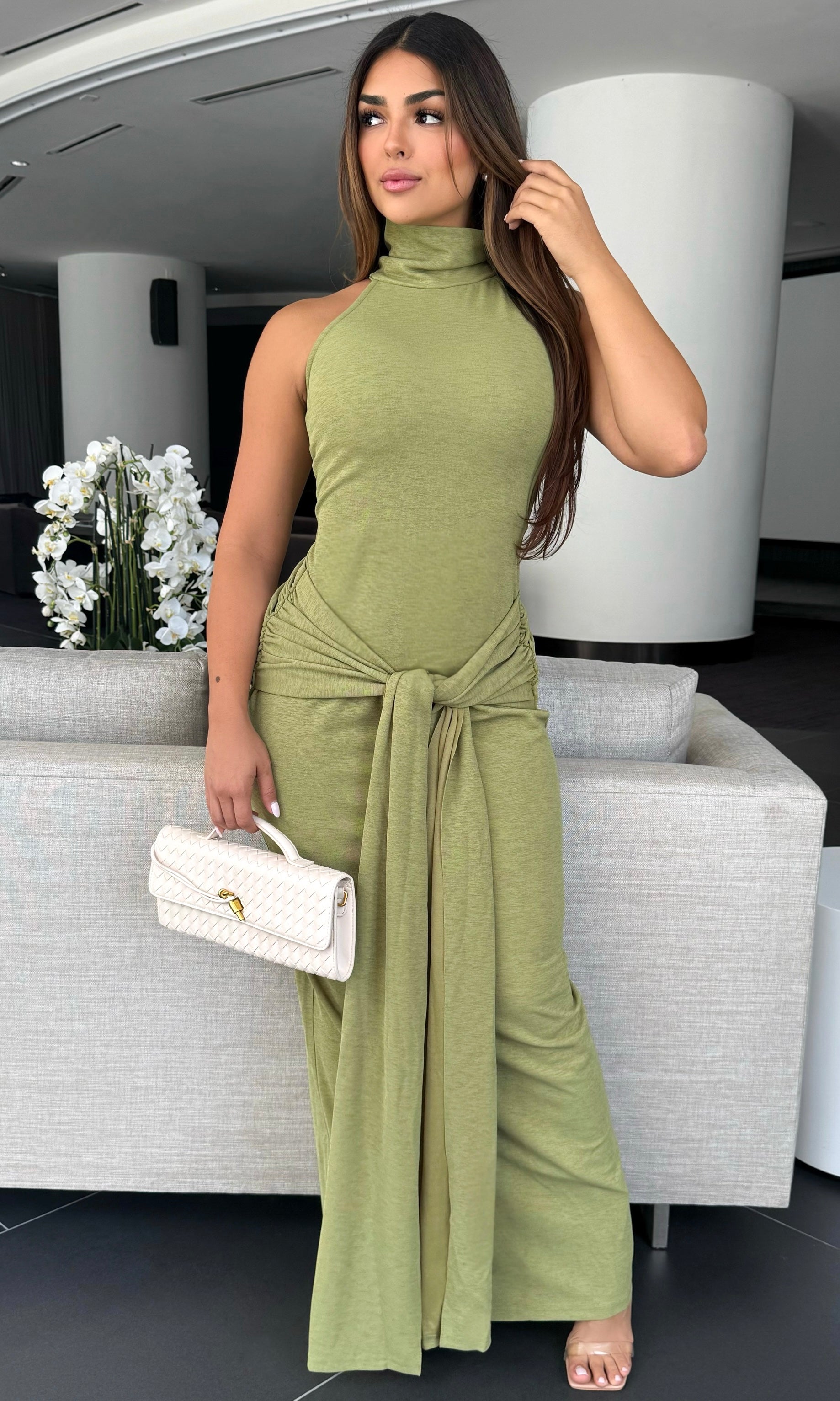 Green Sage Ruched Turtleneck Sleeveless Maxi Dress | Elite Styles Btq Elite Styles Boutique Green Sage Ruched Turtleneck Sleeveless Maxi Dress | Elite Styles Btq Elite Styles Boutique