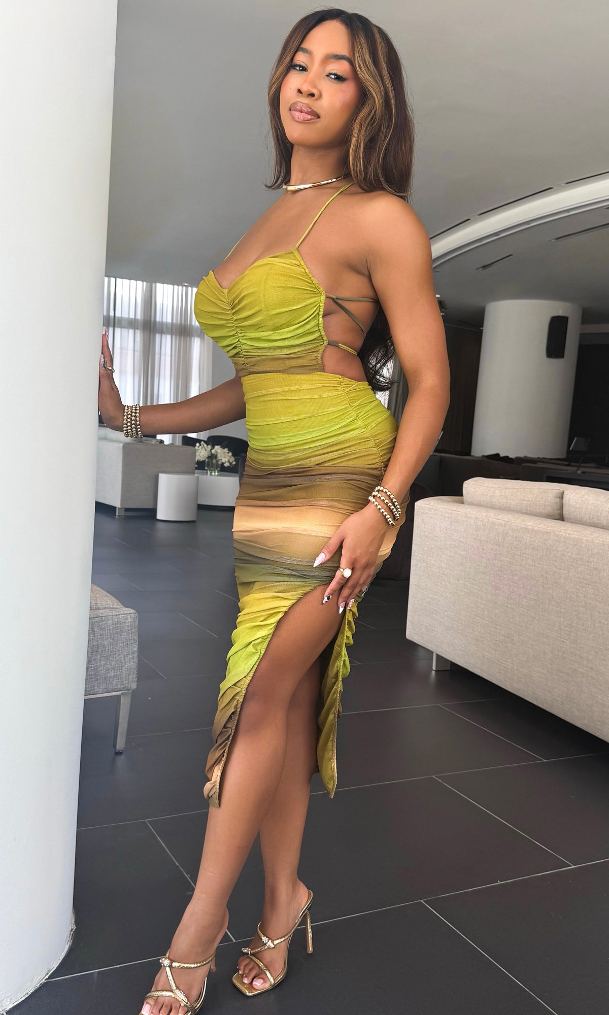 CARLA RUCHED MESH MIDI (OMBRE)