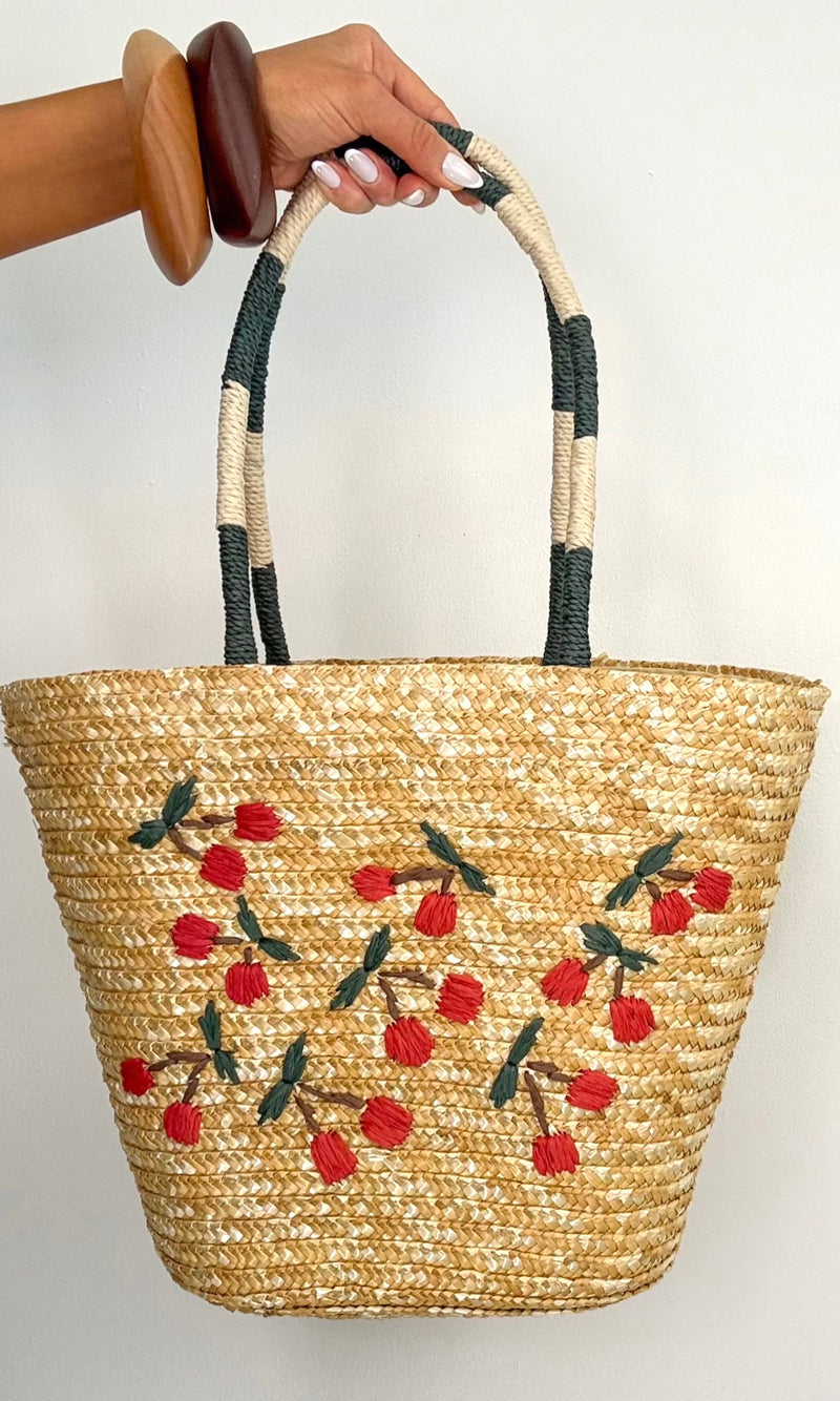 FAUX STRAW CHERRY TOTE BAG