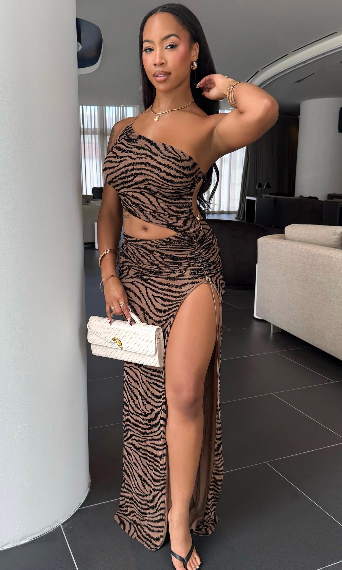 NORY ZEBRA VELVET ASYMMETRICAL MAXI (MOCHA)