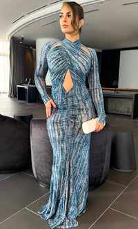 VICTORIA VELVET MESH MAXI DRESS (SLATE BLUE)