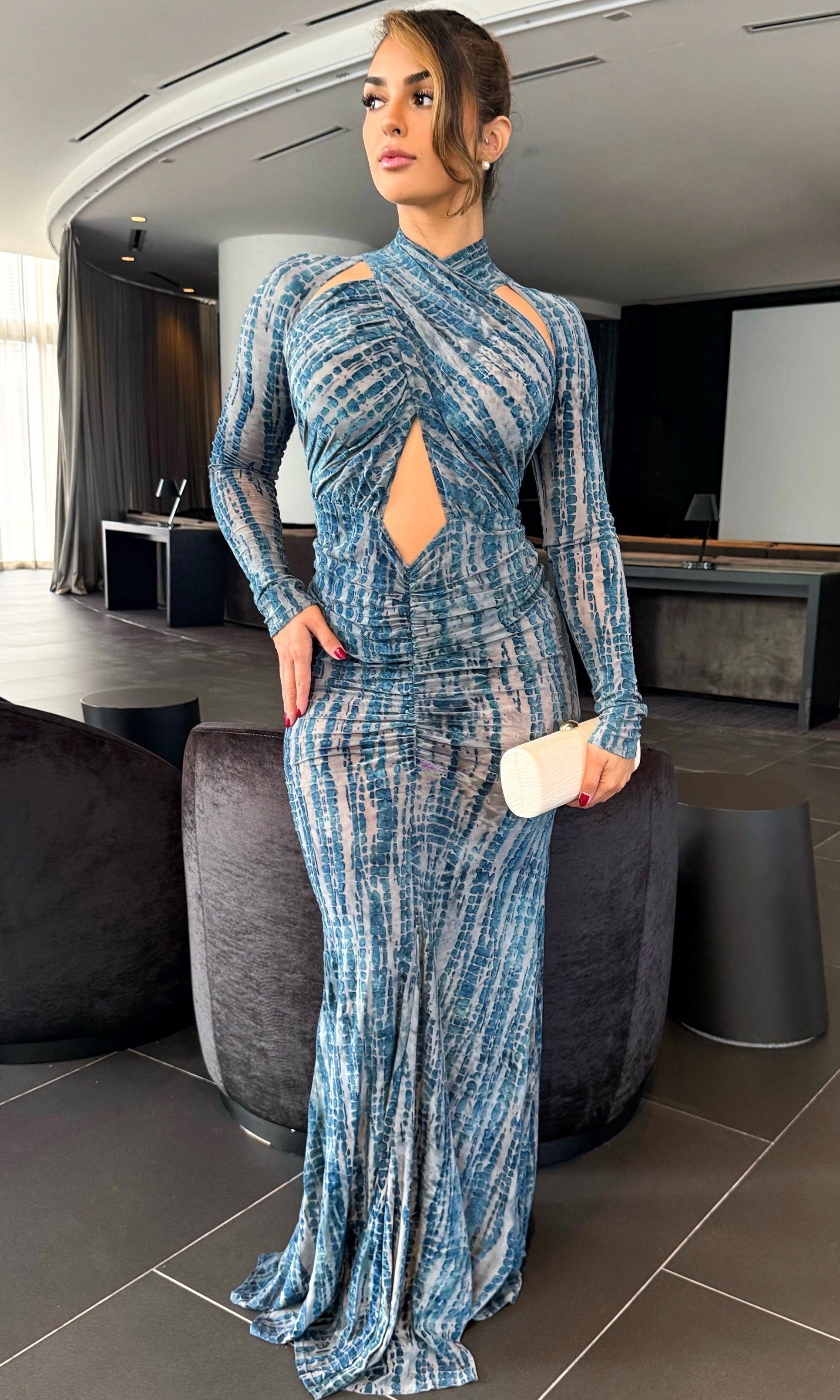 VICTORIA VELVET MESH MAXI DRESS (SLATE BLUE)