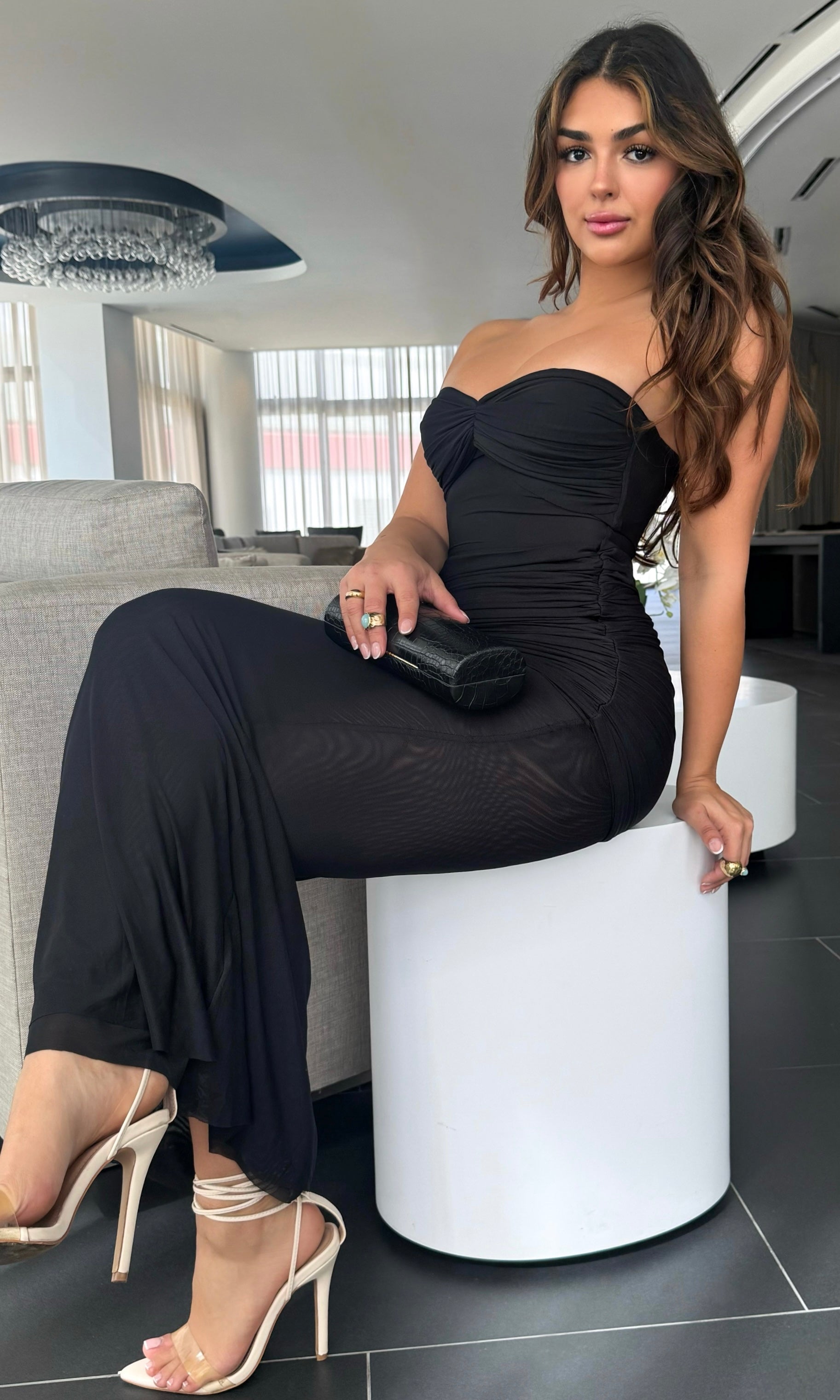 TAHLIA MESH RUCHED MAXI DRESS (BLACK)