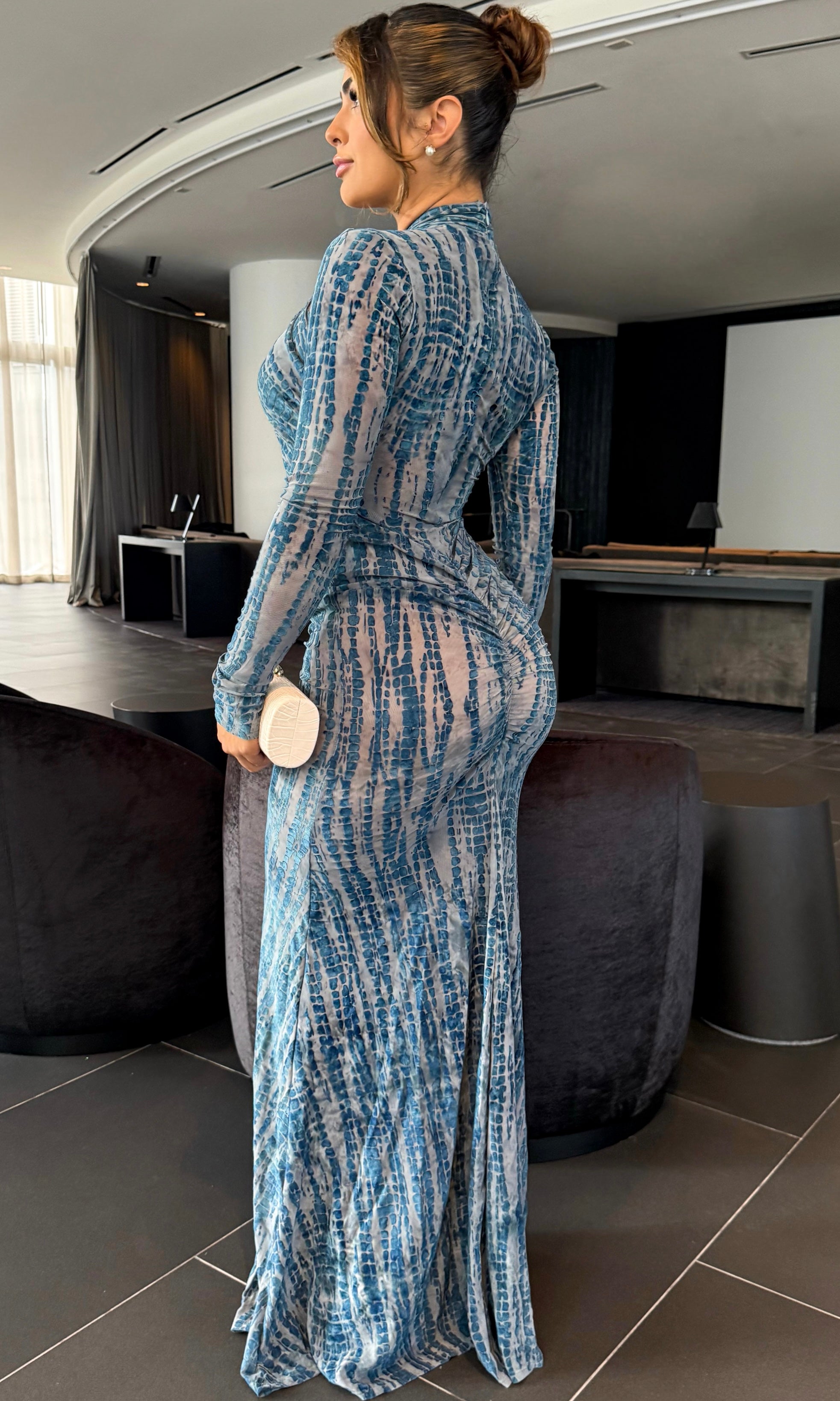 VICTORIA VELVET MESH MAXI DRESS (SLATE BLUE)