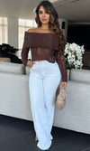 EUGENIA OFF SHOULDER RIBBED KNIT SWEATER (CHOCOLATE)