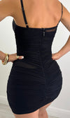 PAOLA MESH RUCHED MINI DRESS (BLACK)