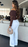EUGENIA OFF SHOULDER RIBBED KNIT SWEATER (CHOCOLATE)