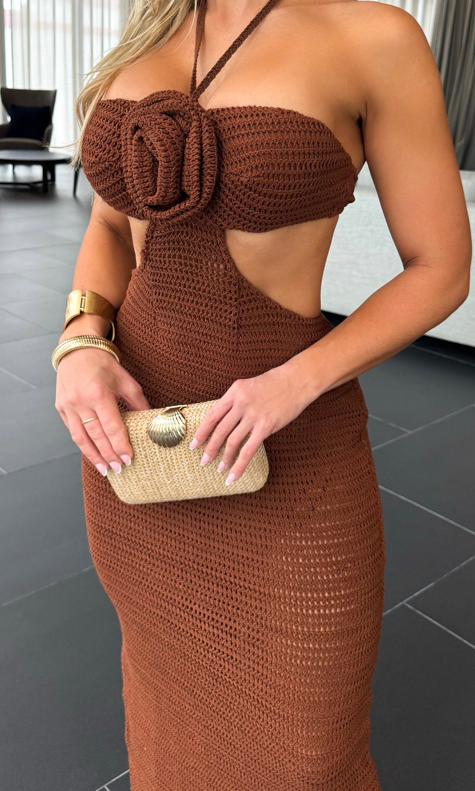 Brown Rose Crochet Knit Rosette Maxi Dress | Elite Styles Boutique Brown Rose Crochet Knit Rosette Maxi Dress | Elite Styles Boutique