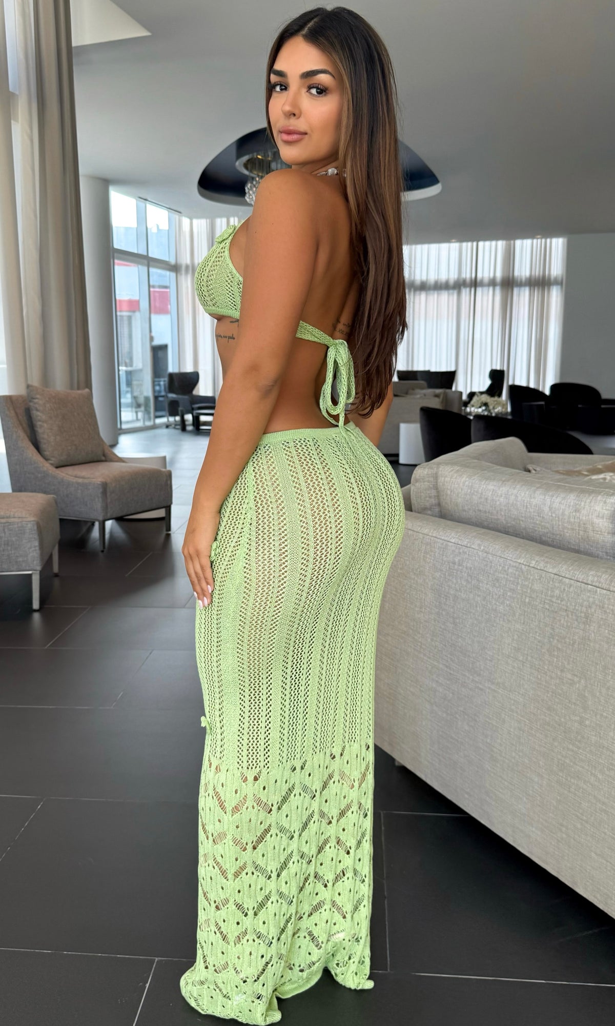 ANGELA KNIT FLOWER SKIRT SET (GREEN)