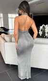 MARIA METALLIC HALTER MAXI DRESS