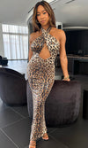 RILEY LEOPARD RUCHED SEQUIN MAXI DRESS