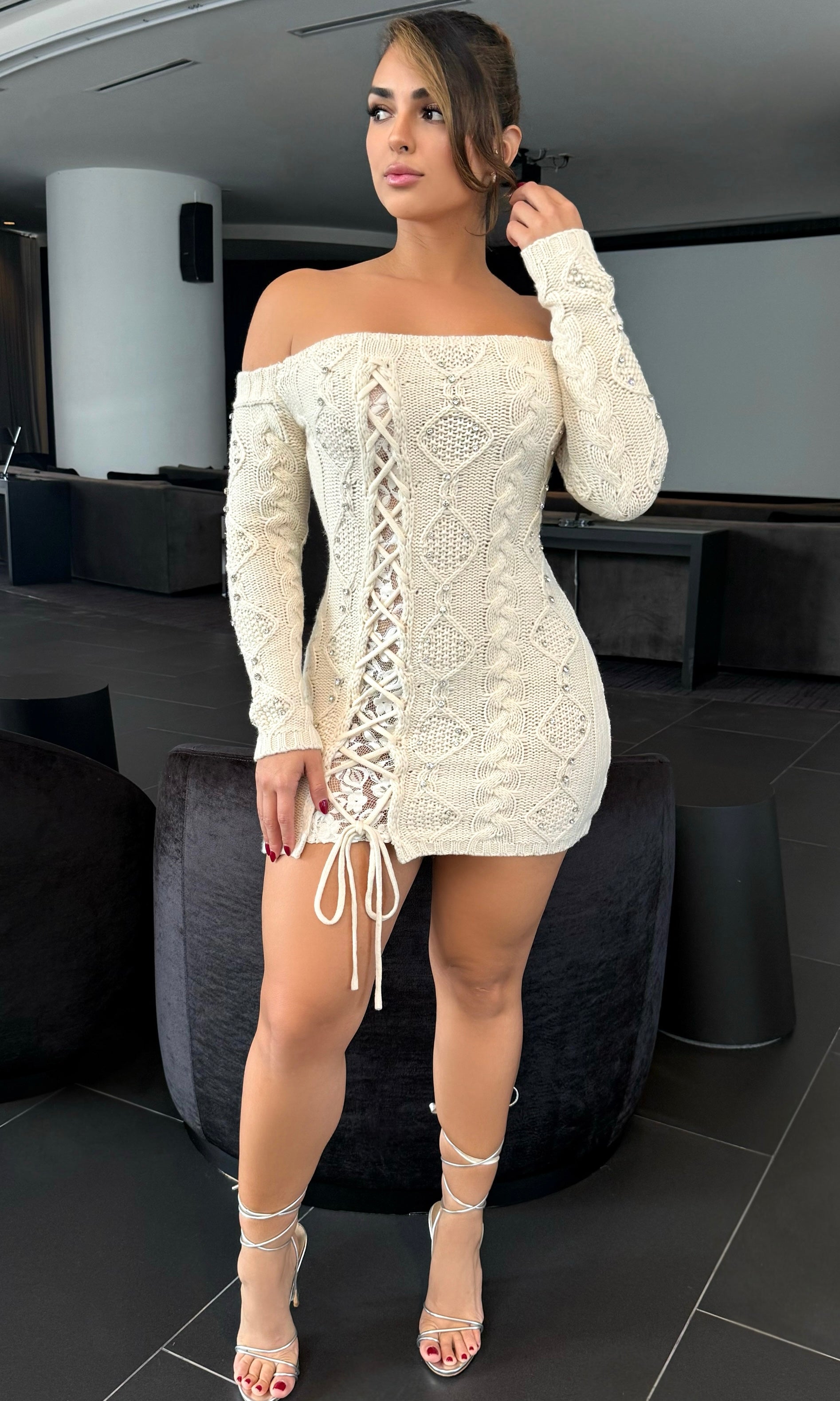 cable knit mini dress Eleonora Gottardi | Ivory Explore the Eleonora Gottardi high collar cable knit mini dress in ivory HILARY CABLE-KNIT MINI DRESS -