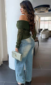 EUGENIA OFF SHOULDER RIBBED KNIT SWEATER (OLIVE)