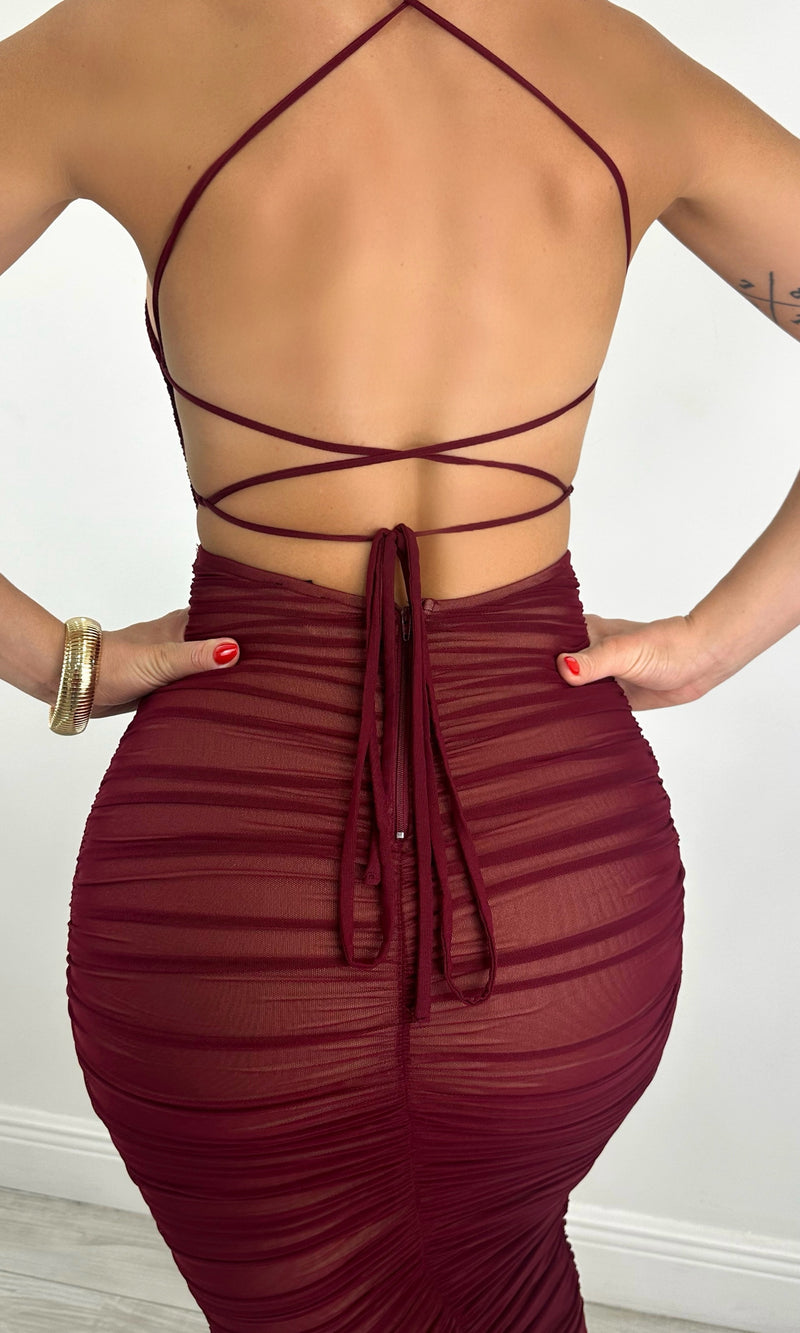CARLA RUCHED MESH MIDI (CHERRY)