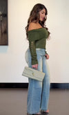 EUGENIA OFF SHOULDER RIBBED KNIT SWEATER (OLIVE)