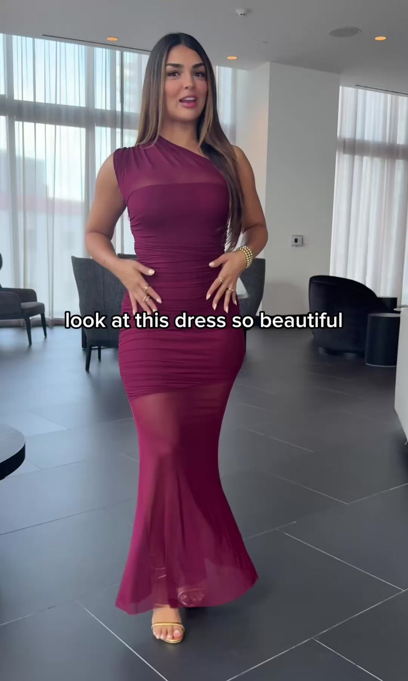 KELLY ONE SLEEVE SIREN MESH MAXI DRESS