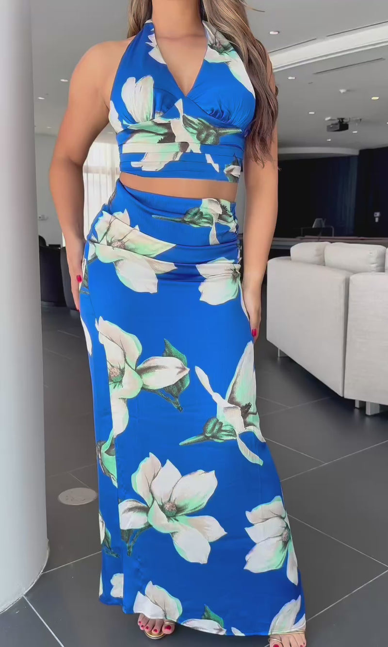 STACY SILK HALTER FLORAL SKIRT SET
