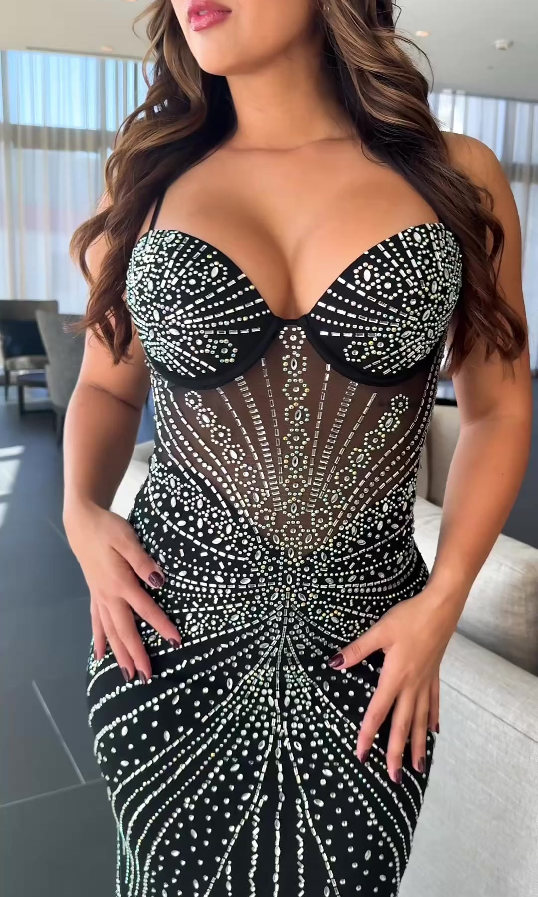 chinese dress ladies Black Strapless Two-Piece Rhinestone Mesh Maxi Dress Black / 8